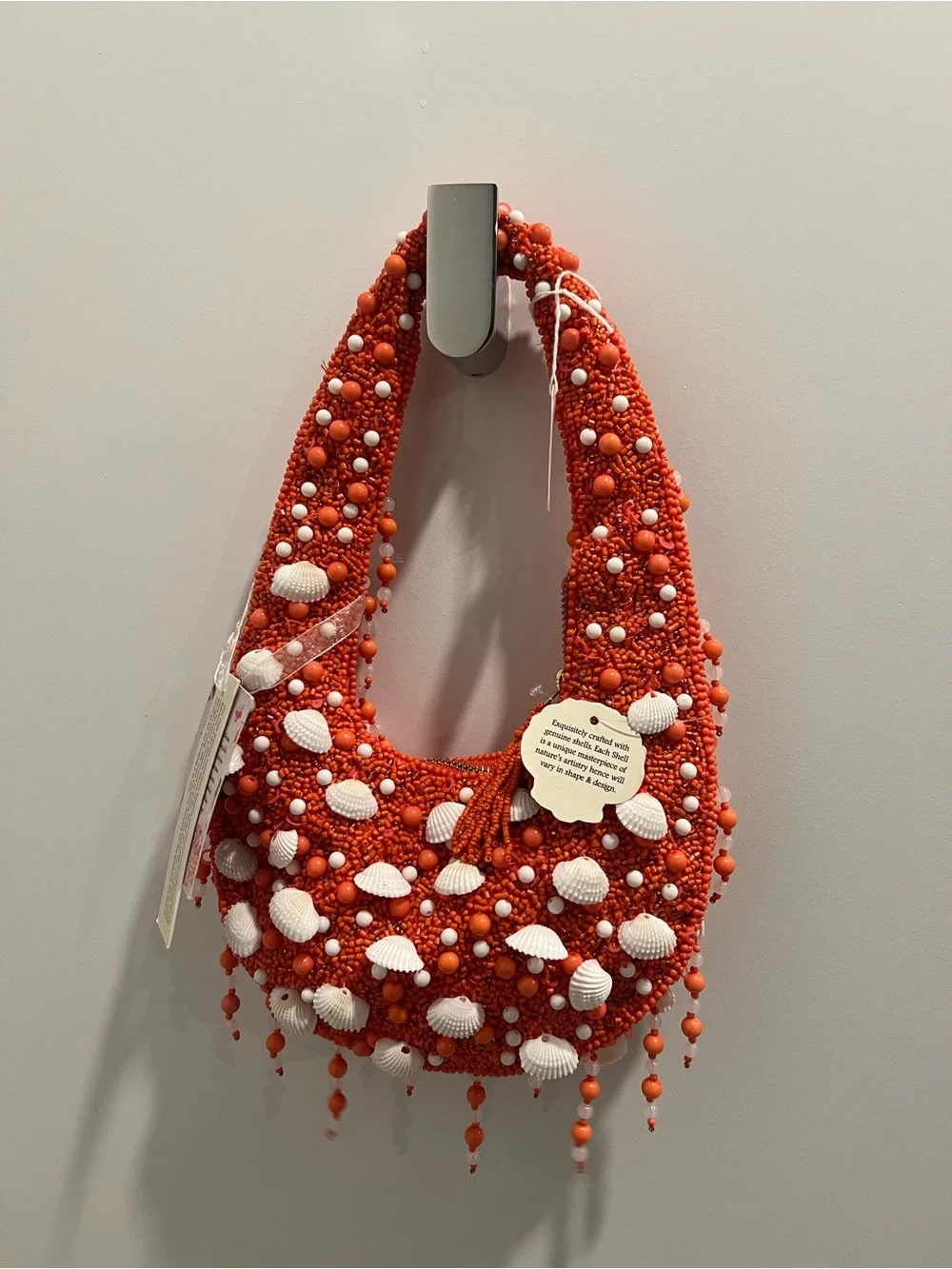 Handcrafted Orange Beaded Shell Shoulder Bag